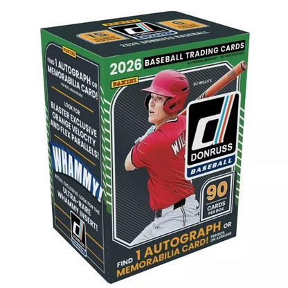 2026 Panini Donruss Baseball Retail Blaster Box | 6 Packs Per Box | 90 Trading Cards | 1 Autograph or Memorabilia Card Per Box on Average | Exclusive Red &amp; Blue Laser Parallels | Factory Sealed